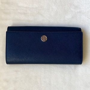 Tory Burch Leather Wallet in Navy, Gold Hardware